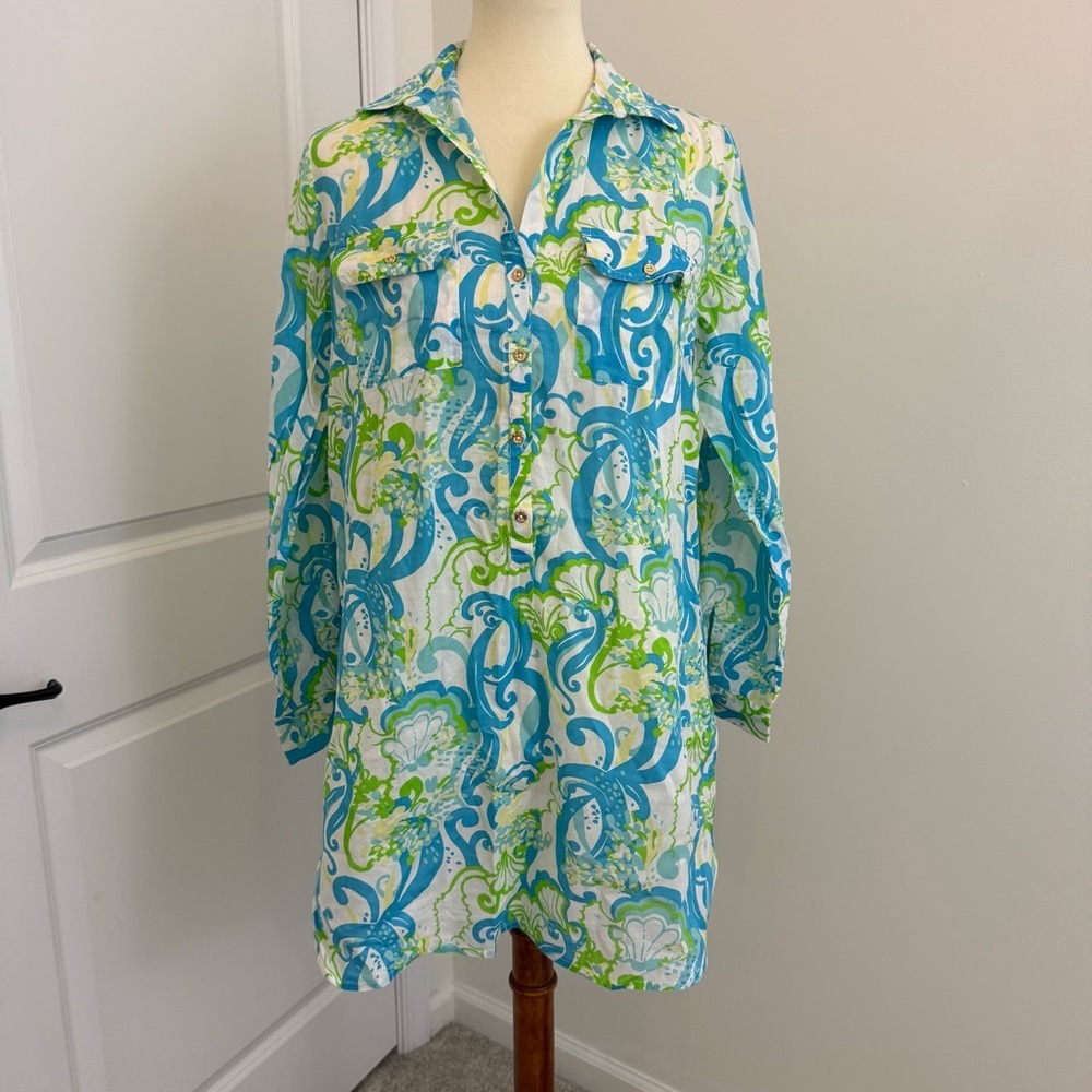 Lilly Pulitzer Crystal Coast Captiva Tunic Swim Cover Up Floral Top Cotton Sz Sm